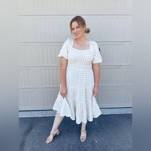 Nurture by Westbound Check Print Short Sleeve Square Neck A-Line Midi Dress